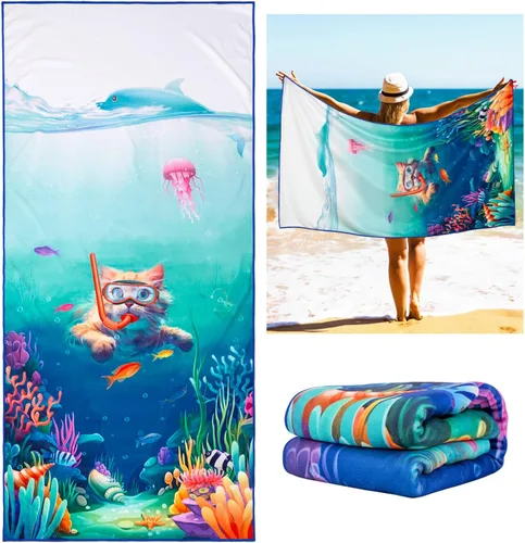Vista 9 de Vimorco Toalla de playa para gatos, divertida toalla de playa con diseño de delfín y medusas, mezcla de algodón, toalla de campamento de terciopelo