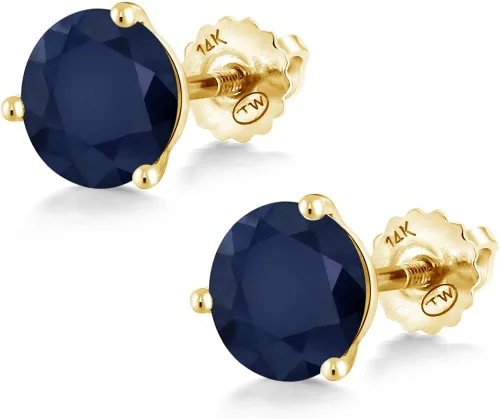 Vista 3 de Gem Stone King Aretes de tuerca de oro amarillo de 14 quilates con zafiro azul para mujer de 3 puntas con rosca trasera para mujer