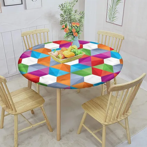 Vista 2 de Geometric Round Fitted Tablecloth Cover,Retro Mosaic Triangle Print Elastic Edged Polyester Fitted Table Cover, xLarge, Fit Round Tables up 59"-63
