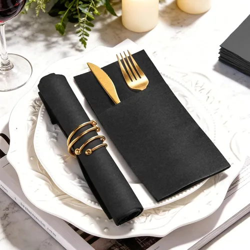 Vista 4 de KAMMAK Servilletas negras desechables con bolsillo, paquete de 50 servilletas de papel de lino preplegadas para decoración de fiestas, decoración