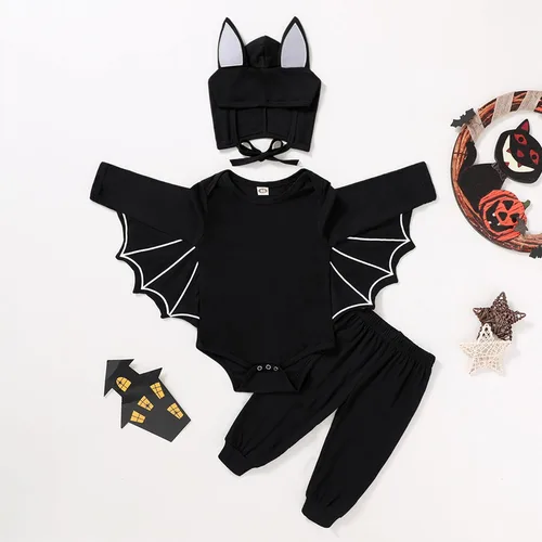 Vista 2 de YOUNGER TREE Conjunto de ropa de invierno para bebés y niñas pequeñas, con capucha de murciélago negro, con bolsillo y cremallera
