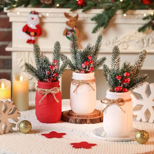 Vista 2 de Frascos Mason de Navidad, Centros de Mesa de Navidad para Mesas, Bandeja de Madera y 3 Frascos Decorativos Pintados, Decoración de Centros de Mesa 2