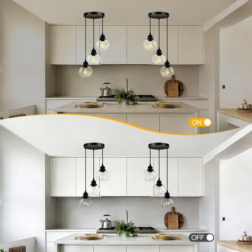 Vista 6 de Lámpara colgante de 3 luces, lámpara de techo colgante con pantalla de vidrio transparente, color negro mate, iluminación colgante de altura