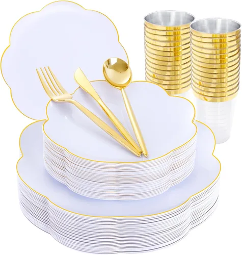 Vista 13 de ejonirinjonir EI - 180 platos de plástico beige con cubiertos de plástico dorado, platos desechables de alta resistencia para fiestas, juego