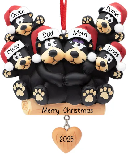 Vista 7 de Adorno de Navidad personalizado de familia de 5 con corazón de oso negro 2026 Padres e hijos personalizados para el árbol de Navidad Recuerdo