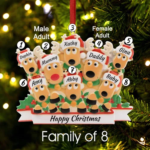 Vista 4 de Adorno personalizado de ciervo para árbol de Navidad, familia de 2,3,4,5,6,7,8 nombres, lindo reno de Papá Noel, decoración de Navidad 2025, regalo