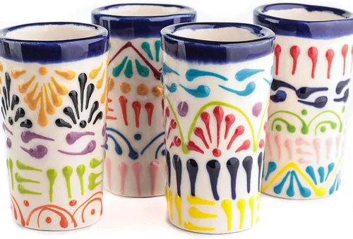 Vista 31 de Juego de 4 vasos de chupito Talavera auténticos mexicanos para tequila - Pintados a mano - 2 Oz (Corazón Azul)
