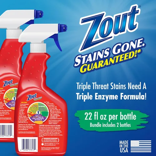Vista 2 de Zout Removedor de Manchas para Lavandería en Spray, Fórmula de Triple Enzima, Botellas de 22 Onzas, Paquete de 2