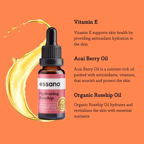 Vista 5 de Essano Aceite de rosa mosqueta orgánico prensado en frío, cuidado de la piel y cuidado corporal con vitamina E, polifenoles, aceite facial