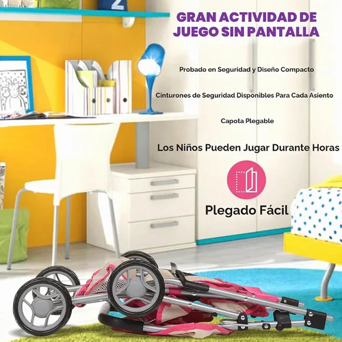 Vista 9 de Fash n kolor, Twin Doll Double Stroller Pink & Off-White Design Easy to Fold Double Stroller with Basket in The Bottom Rosa