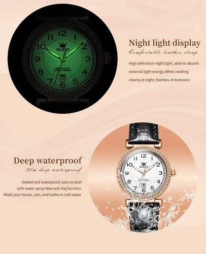 Vista 5 de OLEVS Reloj de mujer marrón con correas de cuero para mujer, elegante vestido de lujo con cronógrafo, resistente al agua, fecha, día