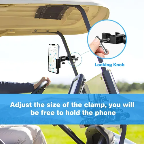 Vista 7 de Soporte de teléfono con abrazadera para carrito de golf, soporte universal de metal para manubrio, abrazadera de montaje para golf, cochecito
