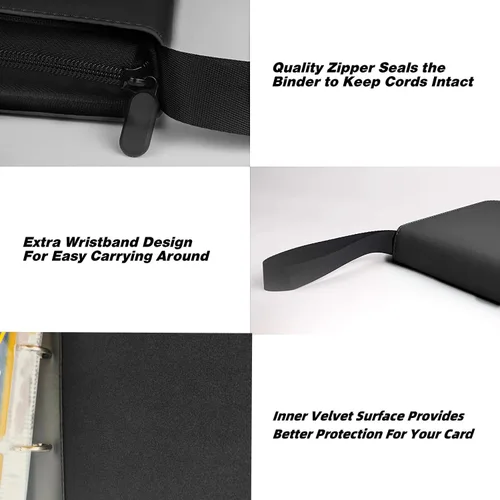 Vista 4 de Carpeta de tarjetas coleccionables de 4 bolsillos, 400 bolsillos para tarjetas de Pokémon con cremallera, 50 fundas compatible con tarjetas Negro
