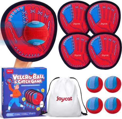 Vista 14 de JoyCat Juego de pelota de lanzar y atrapar, juego de 2 bolas adhesivas para adultos y 2 niños, juego familiar para atrapar al aire libre para playa