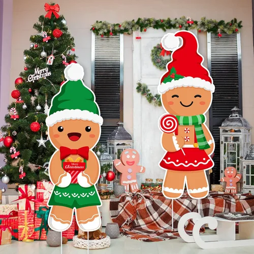 Vista 4 de Namalu Paquete de 2 carteles de Navidad para patio al aire libre, con 12 estacas de pan de jengibre para patio, para camino, invierno, Año Nuevo