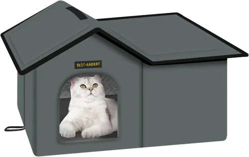 Vista 13 de Rest-Eazzzy Casa para gatos al aire libre, resistente a la intemperie y aislada, con alfombrilla y toldo, fácil de poner, refugio para gatos Negro