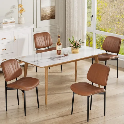 Vista 49 de Juego de 2 sillas de comedor, modernas sillas tapizadas de piel sintética de mediados de siglo con respaldo de nogal y patas de metal, pies
