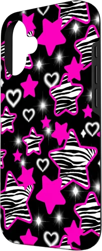 Vista 2 de Carcasa para iPhone 16 McBling Estética Zebra Print Stars Hearts Rosa Negro Y2K
