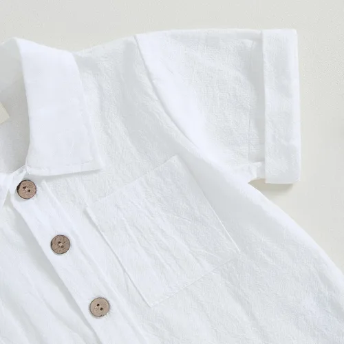 Vista 5 de AEEMCEM Conjunto de 2 piezas de camisa y pantalones cortos de algodón de lino de algodón de color liso para niños pequeños