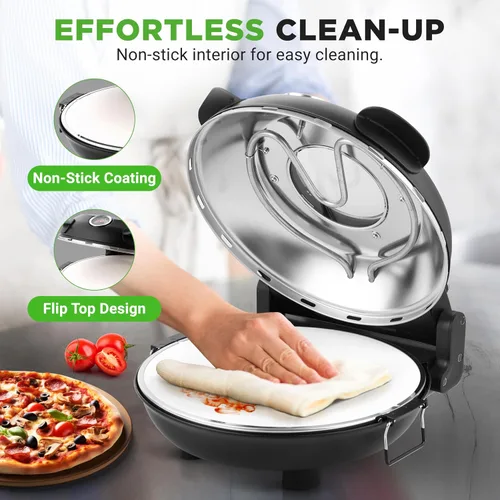 Vista 6 de NutriChef Horno eléctrico para pizza Máquina de pizza de encimera de 1200 W con control de temperatura y termómetro Ventana de visualización