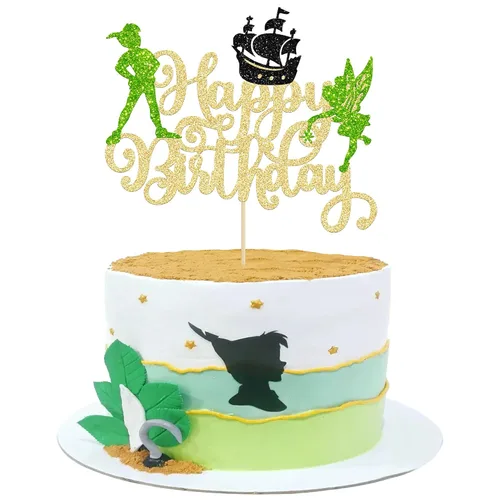 Vista 15 de Gyufise Paquete de 24 adornos para cupcakes con purpurina negra que nunca crecen para cupcakes en P Pan para baby shower Never Grow Up