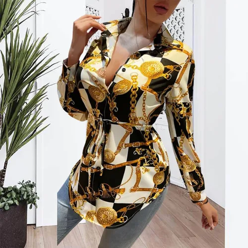 Vista 7 de Vestidos tipo camisa para mujer, sexy, con botones, con cuello, blusas de manga larga, estampado floral