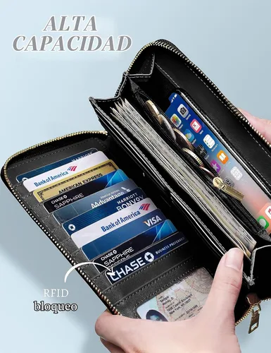 Vista 2 de Yarnic Cartera para mujer, negro, piel sintética, protección RFID, 8.9 x 4.7 x 0.8 pulgadas