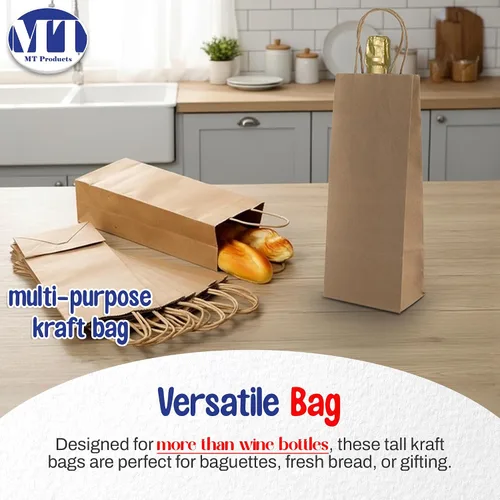 Vista 6 de MT Products Bolsas de vino Kraft de 5.25 x 3.25 x 13.13 pulgadas, bolsas de papel desechables con asa, paquete de 12