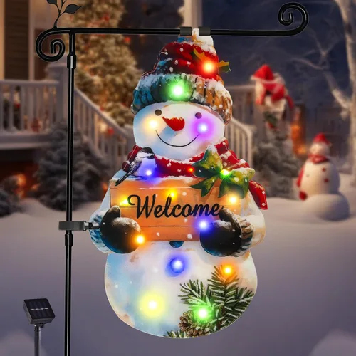Vista 10 de Bandera de jardín de Navidad iluminada de 12 x 18 pulgadas, 8 modos de doble cara, decoración solar de Navidad LED para exteriores, decoraciones