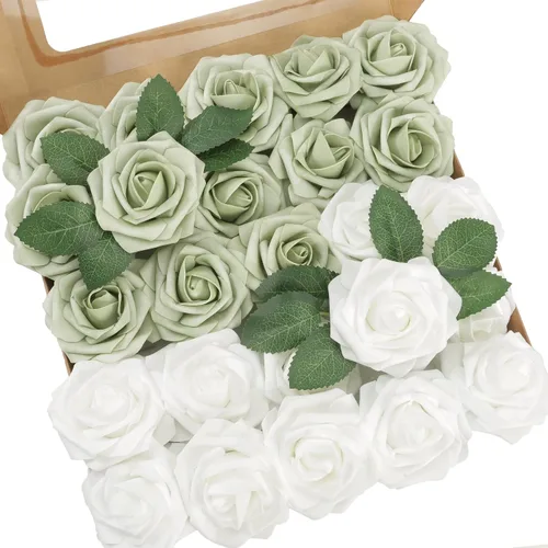 Vista 11 de Flores artificiales, 25 piezas, rosa artificial azul bebé para ramos de boda, centros de mesa, arreglos, flor falsa con tallos para decoración