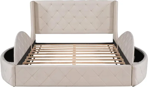 Vista 5 de Cama de plataforma tapizada tamaño Queen, muebles de dormitorio, marco de cama de madera de pino con cajón, taburetes de almacenamiento laterales