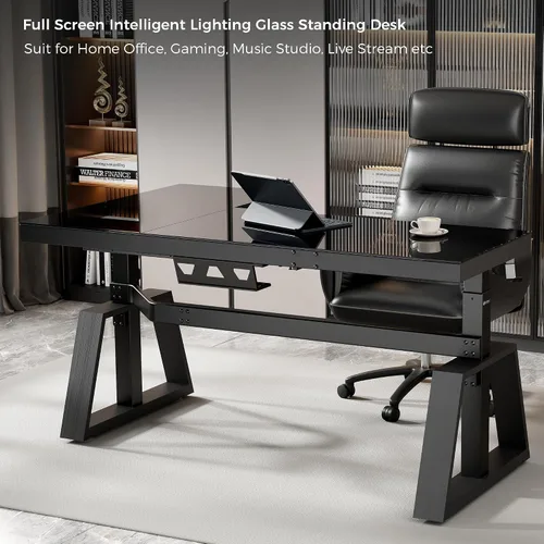 Vista 4 de EUREKA ERGONOMIC Escritorio de pie, mesa de juegos, escritorios RGB de vidrio, computadora de altura ajustable de 60 pulgadas, escritorio de esquina
