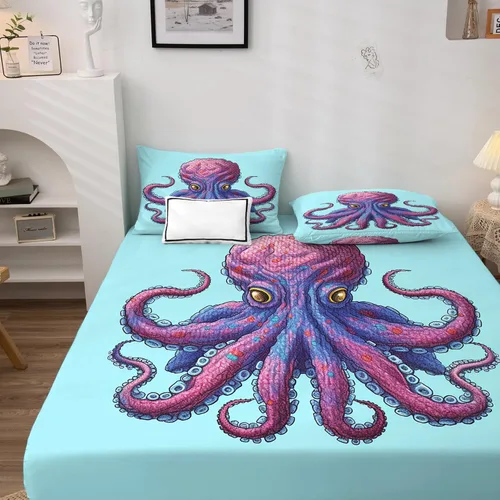 Vista 2 de Juego de sábanas de pulpo, tamaño individual, sábanas de tentáculo, sábanas y fundas de almohada estampadas de 3 piezas, sábana bajera ajustable