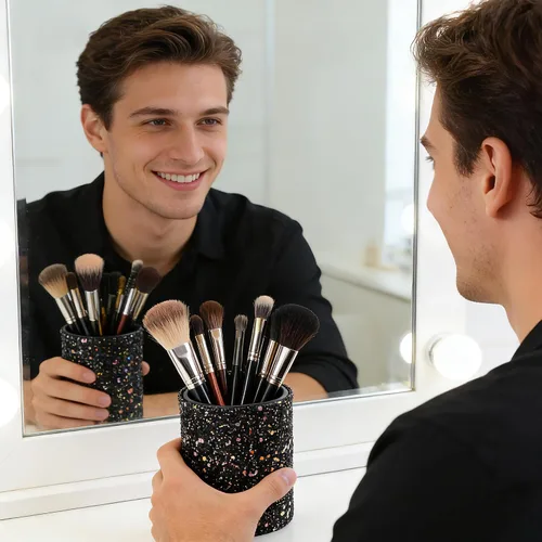 Vista 6 de Soporte para brochas de maquillaje, organizador de maquillaje, taza de encimera, cilindro moteado negro para pinceles y herramientas, ayuda a