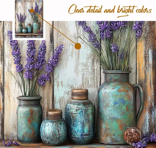 Vista 3 de gaosoul Arte de Pared de Lienzo de Granja Pintura de Campo Francés con Ramo de Lavanda Mariposas Fondo de Madera Envejecida Póster Floral Enmarcado
