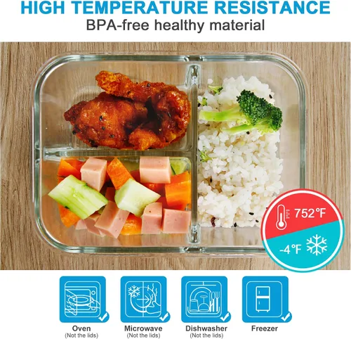 Vista 4 de DAS TRUST Paquete de 5 cajas Bento de vidrio de 36 onzas, 3 compartimentos, recipientes de almacenamiento de alimentos de vidrio con tapas, cuencos