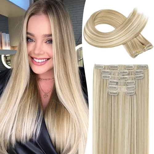 Vista 11 de LONAI 6 extensiones de cabello con clip, 24 pulgadas de largo, lacio, sintético, postizo para mujer, rubio ceniza natural