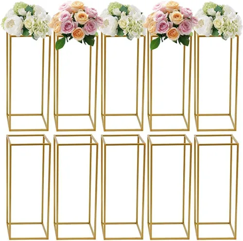 Vista 2 de 10 soportes dorados para flores de boda, jarrón geométrico rectangular, soporte de columna de metal, columnas para decoración del hogar, eventos