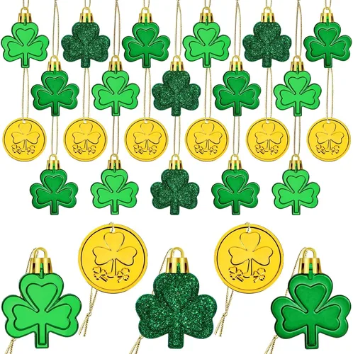 Vista 7 de JULMELON Decoraciones del día de San Patricio, 20 adornos de trébol, bolas de trébol de buena suerte para árbol y fiesta