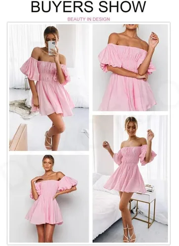 Vista 3 de Dokotoo Vestidos de verano para mujer, con hombros descubiertos, manga corta, farol, volantes, cintura elástica, acampanado, casual, mini vestido