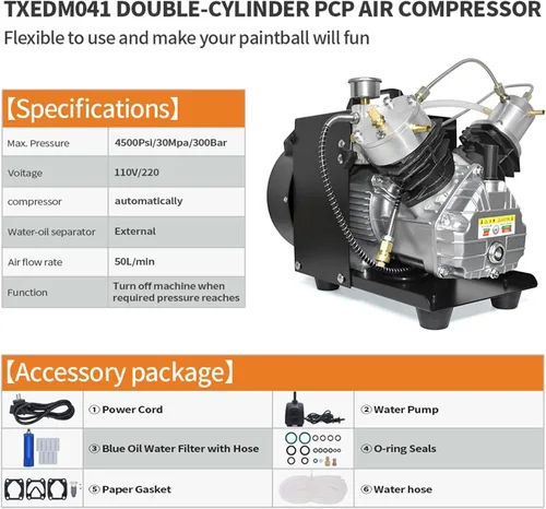 Vista 5 de TUXING Compresor de tanque de buceo, compresor de aire PCP de 4500 psi, compresor de aire de alta presión, bomba de buceo PCP de doble cilindro