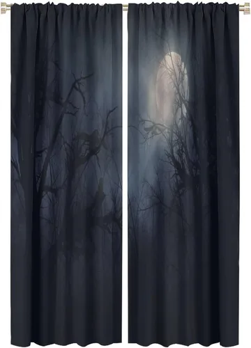 Vista 8 de Cortinas góticas rústicas con estampado de cuervo de bosque brumoso, rama, luna, bolsillo para barra, cortinas de ventana para dormitorio, sala