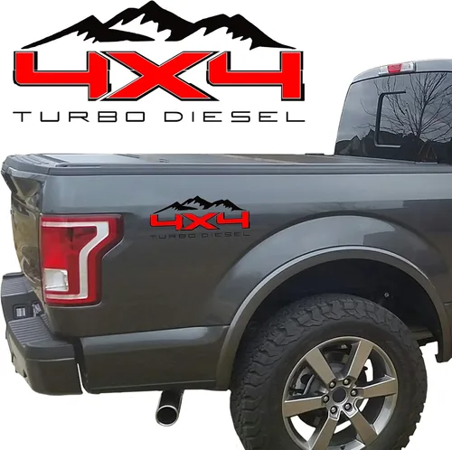 Vista 2 de 4X4 Turbo Diesel Mountain Bedside Vinilo Calcomanía para Ford Trucks Rojo con Contorno Blanco Rojo con blanco