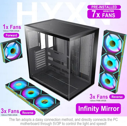 Vista 4 de H1 HYXN - Funda para PC, 7 ventiladores Infinity Mirror PWM ARGB preinstalados, carcasa de computadora ATX Mid Tower, funda de PC