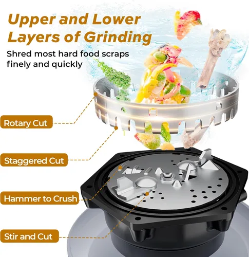 Vista 4 de Eliminador de basura de 1 HP con reducción de sonido, triturador de residuos de alimentos para fregadero de cocina, eliminación de basura segura