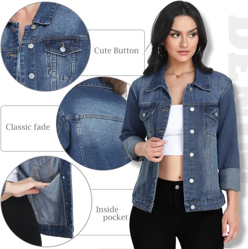 Vista 3 de MISS MOLY Chaquetas de mezclilla para mujer, con botones, de manga larga, básicas, a la moda