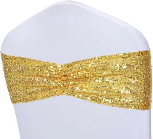 Vista 17 de Poise3EHome Bandas de silla de lentejuelas negras, bandas para sillas plegables para decoraciones de boda, ceremonia, banquete, 10