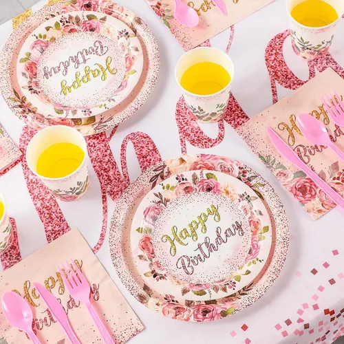 Vista 4 de Roshtia 175 piezas de suministros florales para fiesta, sirven a 25 invitados, juegos de vajilla de rosa de feliz cumpleaños para adultos y mujeres