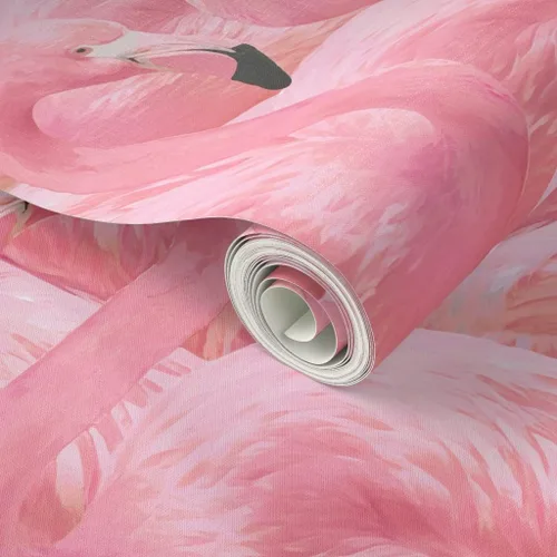 Vista 2 de Papel tapiz para despegar y pegar, flamenco, rosa, pájaros, flamencos, isla de flamencos, verano, retro, extraíble, por Spoonflower