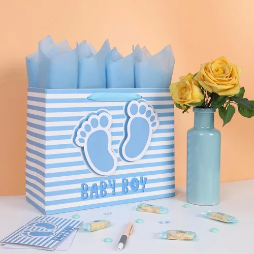 Vista 5 de Juego de bolsa de regalo grande de 13 pulgadas con asas, tarjeta de felicitación, papel de seda azul y calcomanías para niños para baby shower
